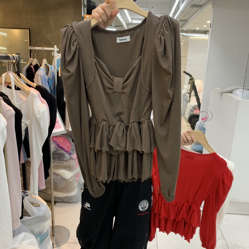 空東大門代購女裝新品人氣時尚休閑熱賣真品推薦長袖T恤緞帶Sagebrush長袖T恤圖色3