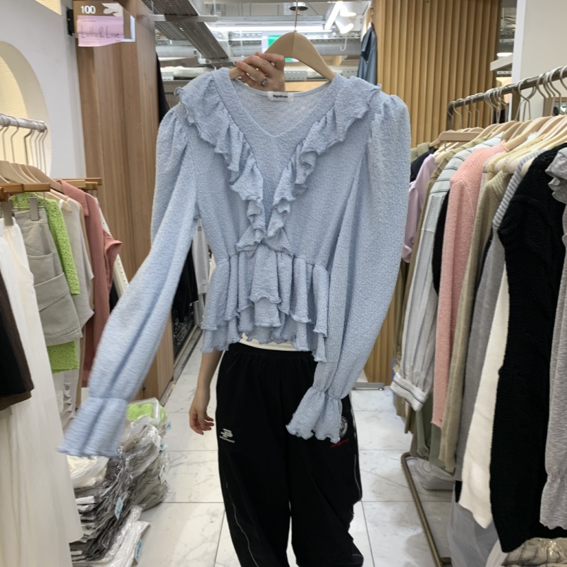 空東大門實拍女裝新品熱賣人氣真品時尚襯衫蕾絲衫荷葉邊Sagebrush襯衫/蕾絲衫圖色1