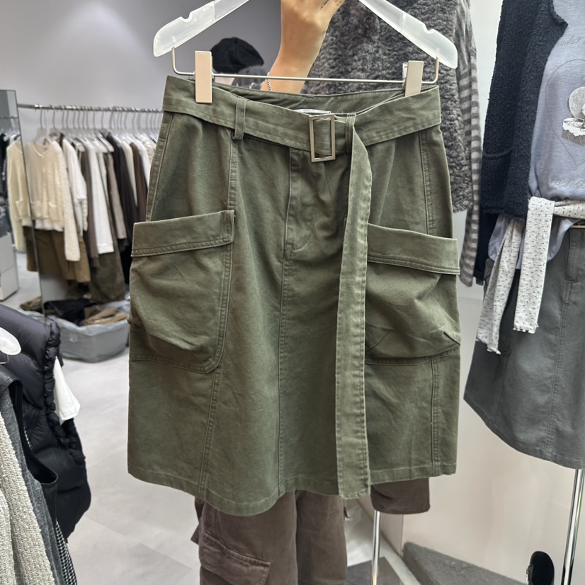LOOKK/MIMME韓國直郵女裝新品休閑半身裙中短裙含腰帶口袋LOOKK/MIMME半身裙/中短裙圖色2墨綠