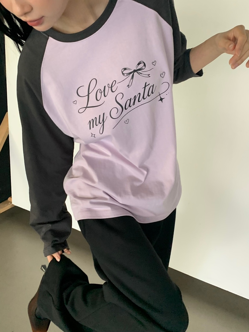 LOVEMYSANTA韓國代購女裝新款推薦時尚長袖T恤插肩袖撞色LOVEMYSANTA長袖T恤