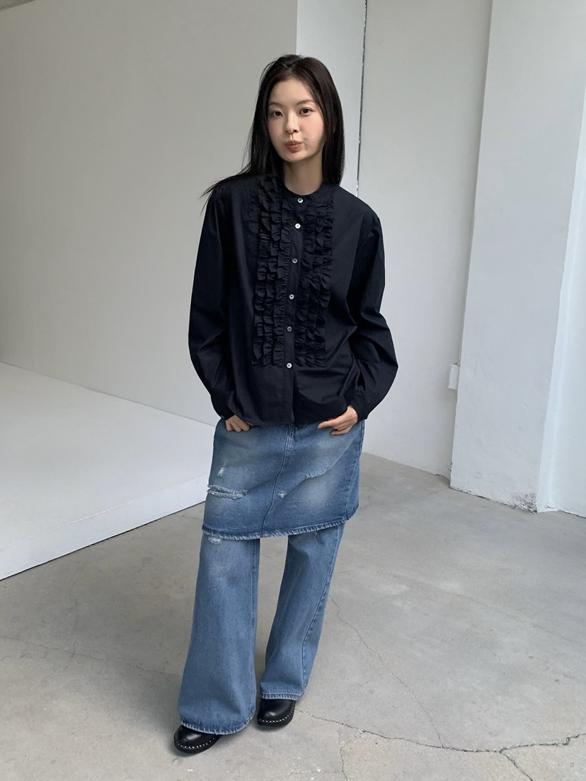 LOVEMYSANTA韓國代購女士新品熱賣真品時尚襯衫蕾絲衫褶邊LOVEMYSANTA襯衫/蕾絲衫