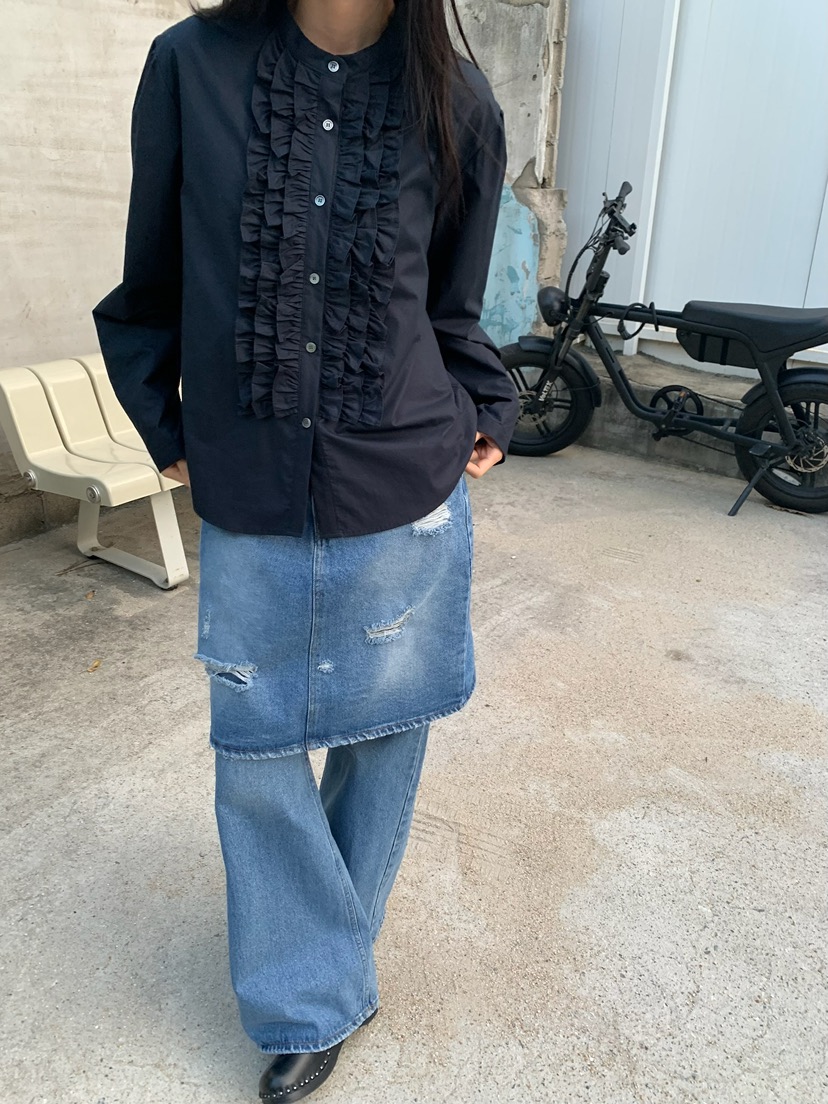 LOVEMYSANTA韓國代購女士新品熱賣真品時尚襯衫蕾絲衫褶邊LOVEMYSANTA襯衫/蕾絲衫圖色2藏藍色