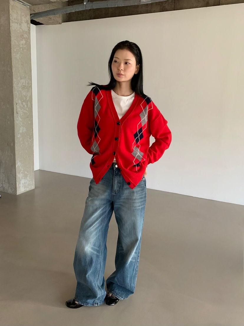 LOVEMYSANTA韓國直郵女士新款推薦熱賣真品開衫菱形花紋開衫LOVEMYSANTA開衫圖色1