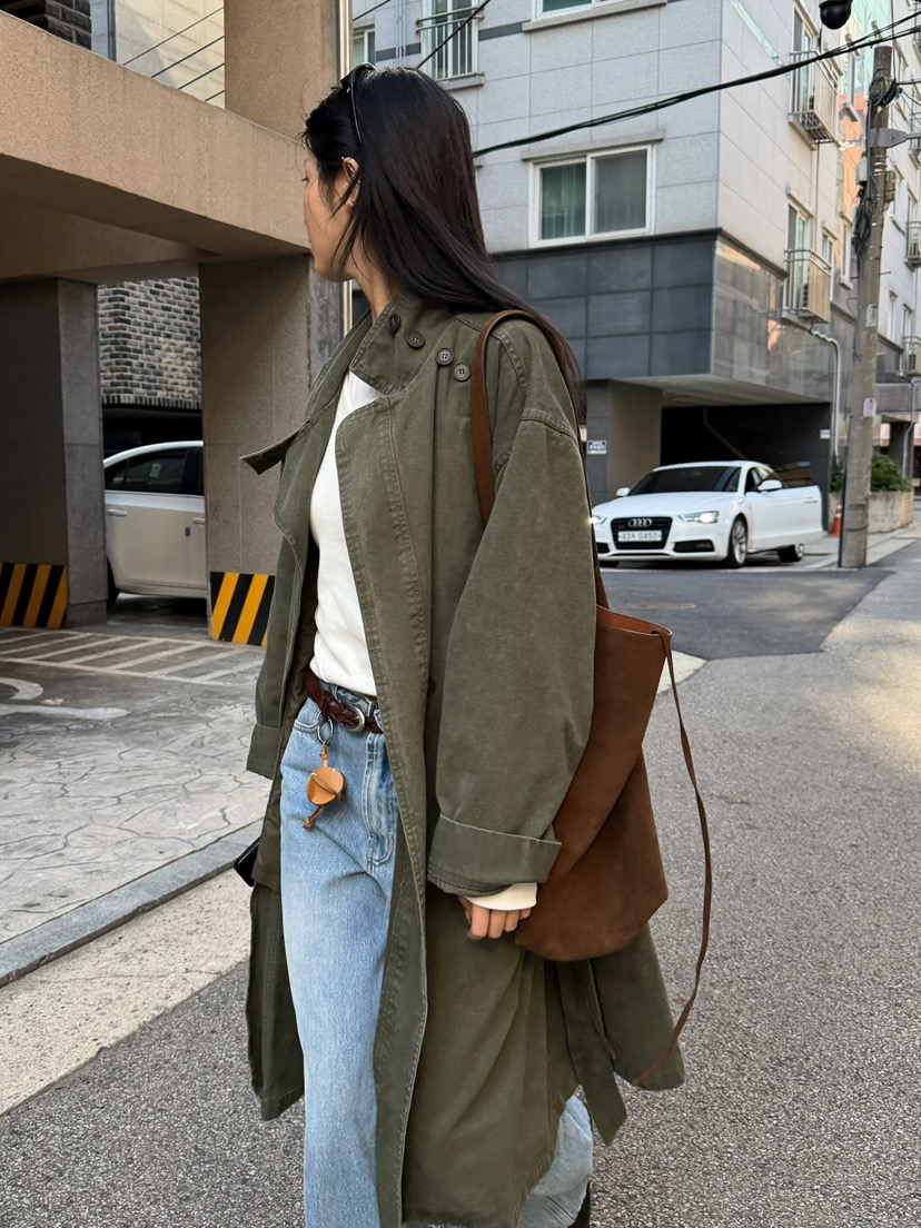 JADEMARKET東大門實拍女士新品休閑熱賣長款風衣含腰帶水洗JADE MARKET/JADE SEOUL長款風衣