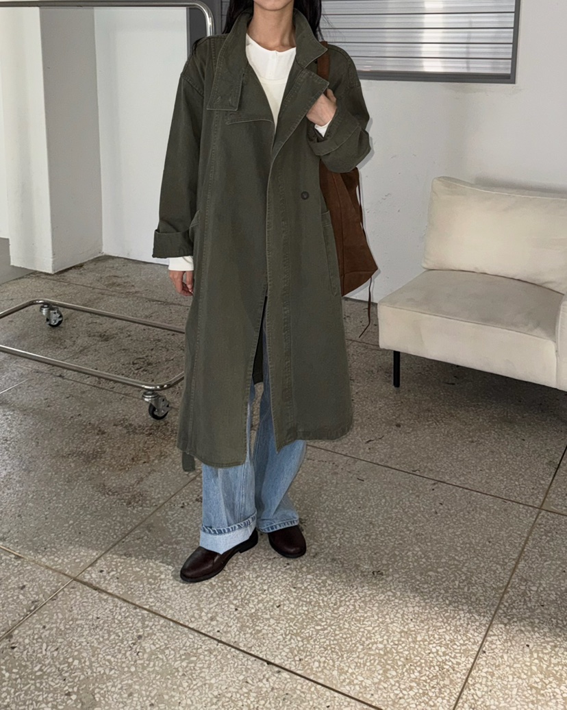 JADEMARKET東大門實拍女士新品休閑熱賣長款風衣含腰帶水洗JADE MARKET/JADE SEOUL長款風衣