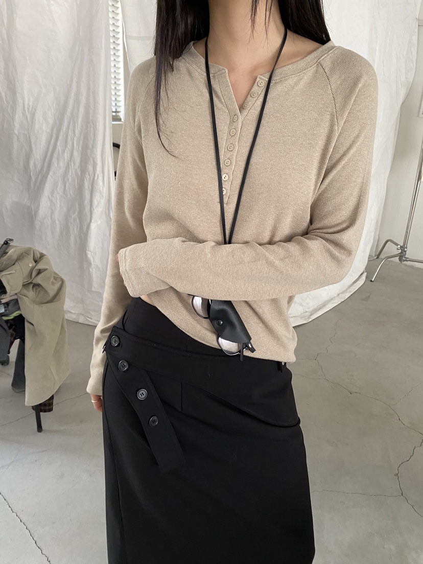 Verbena韓國代購女裝新款推薦休閑時尚熱賣長袖T恤插肩紐扣Verbena長袖T恤