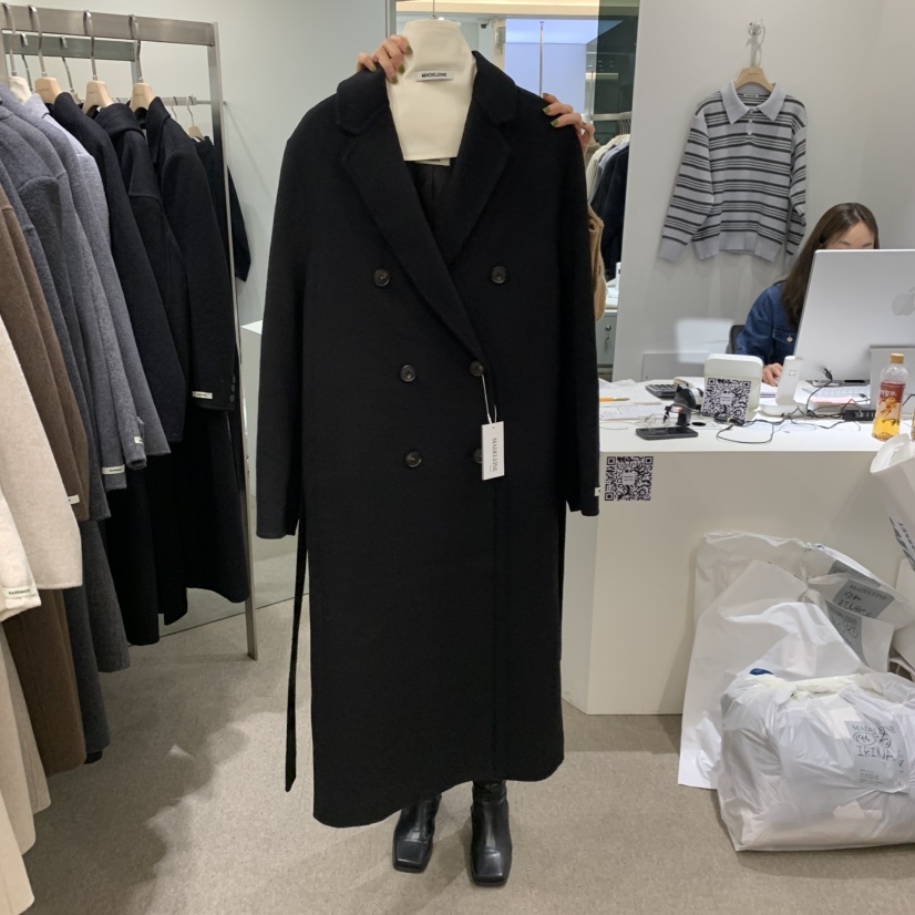 MADELEINE東大門實拍女士新款推薦熱賣中長款大衣含腰帶羊絨MADELEINE中長款大衣圖色3黑