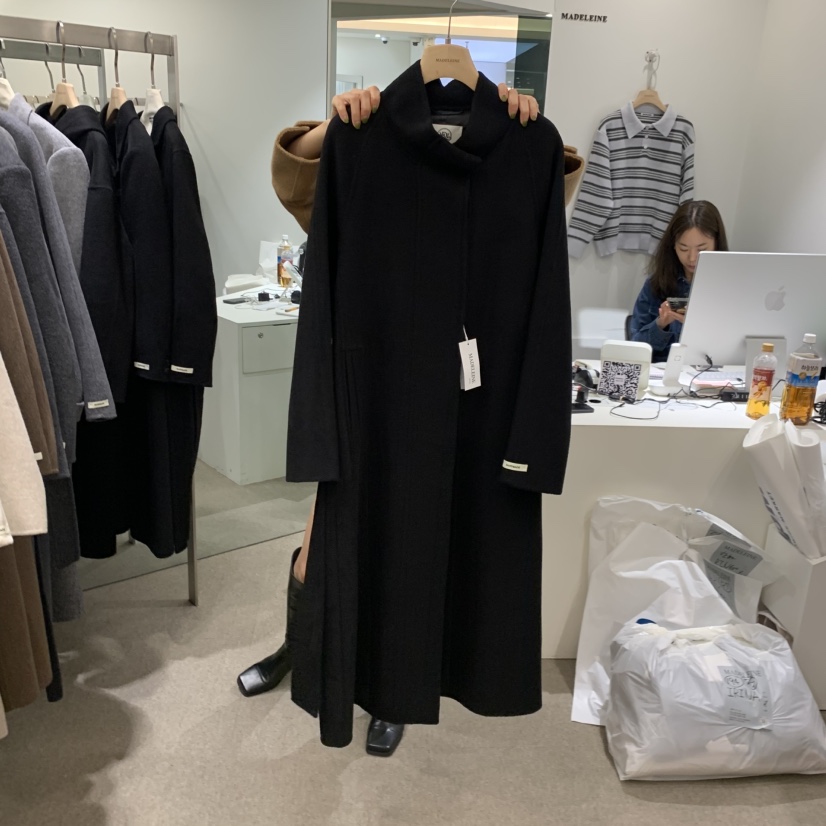 MADELEINE東大門實拍女裝新款時尚人氣中長款大衣含腰帶羊絨MADELEINE中長款大衣圖色3黑