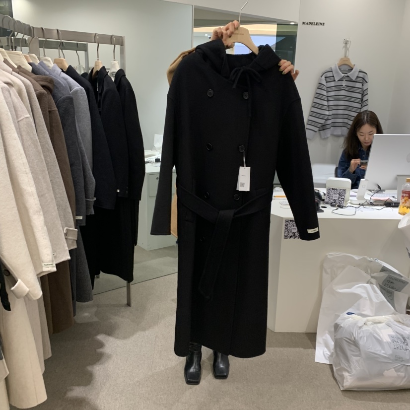 MADELEINE東大門直郵女裝新款休閑熱賣中長款大衣含腰帶羊絨MADELEINE中長款大衣圖色3黑