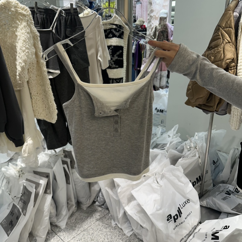 VIRKIN東大門代購女裝新品休閑熱賣推薦吊帶背心無袖羅紋VIRKIN吊帶/背心圖色2灰色