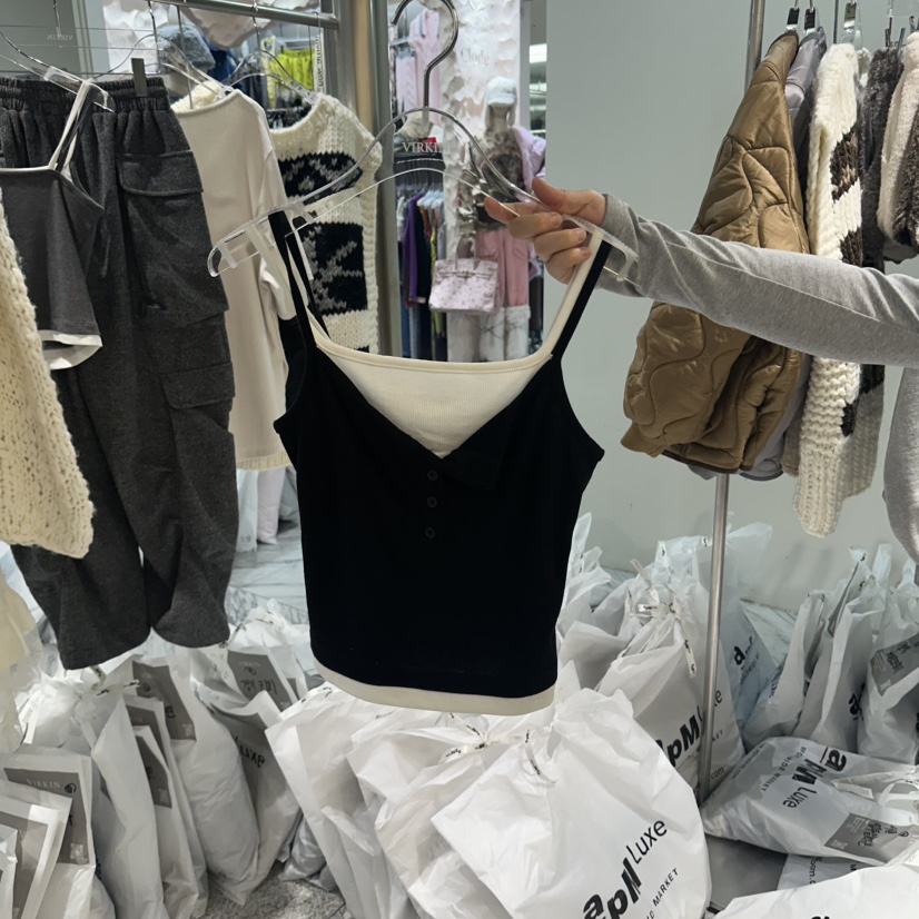 VIRKIN東大門代購女裝新品休閑熱賣推薦吊帶背心無袖羅紋VIRKIN吊帶/背心圖色3黑色