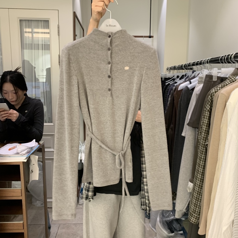 LE AHICON東大門直郵女士新品時尚熱賣推薦長袖T恤含腰繩Le Ahicon長袖T恤圖色1灰