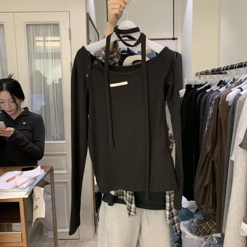 LE AHICON東大門實拍女裝新款時尚推薦真品長袖T恤含脖帶Le Ahicon長袖T恤圖色3凈版黑