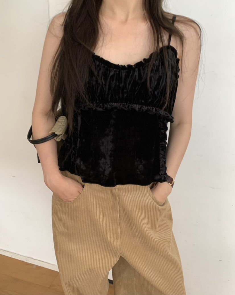 PEBBLE東大門代購女士新款真品人氣休閑吊帶背心天鵝絨褶皺PEBBLE吊帶/背心