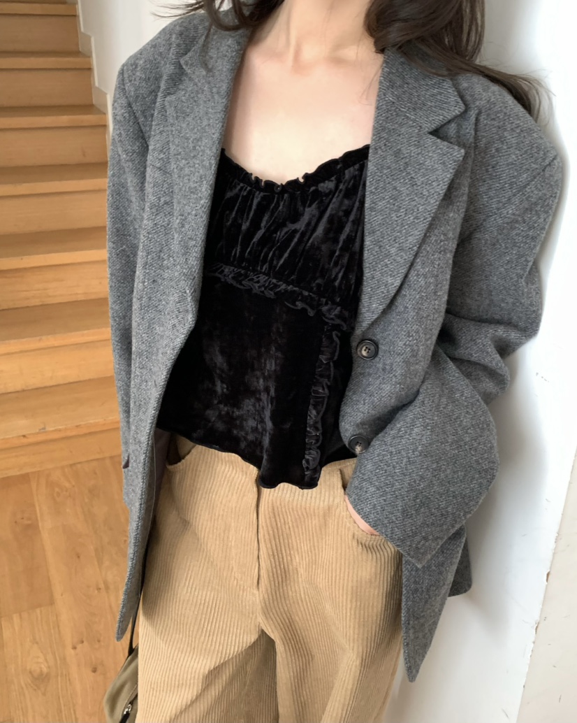 PEBBLE東大門代購女士新款真品人氣休閑吊帶背心天鵝絨褶皺PEBBLE吊帶/背心
