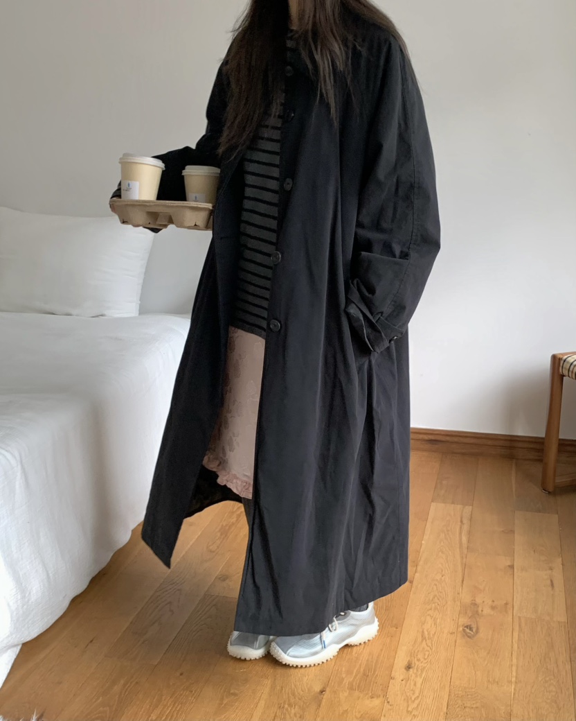 PEBBLE東大門代購女裝新款熱賣人氣真品長款風衣含腰帶絎縫PEBBLE長款風衣