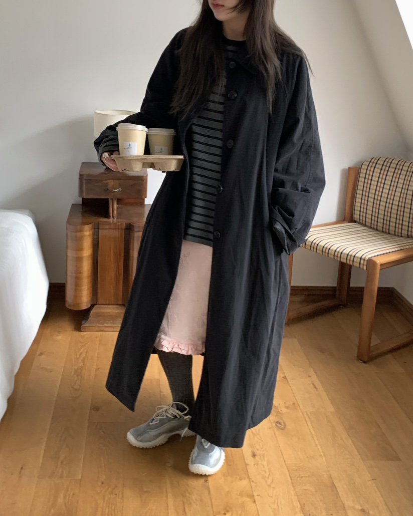 PEBBLE東大門代購女裝新款熱賣人氣真品長款風衣含腰帶絎縫PEBBLE長款風衣
