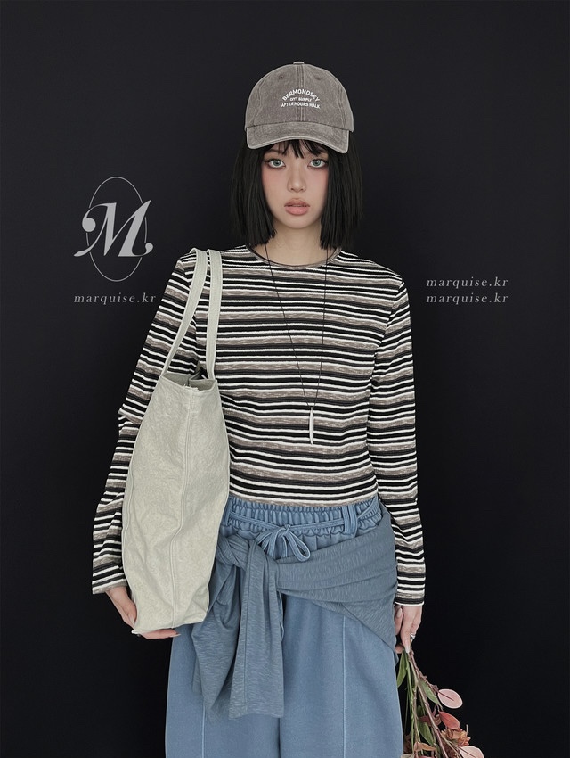 PLANTS ON GRAY韓國直郵女士新品真品推薦職業長袖T恤條紋PLANTS ON GRAY長袖T恤