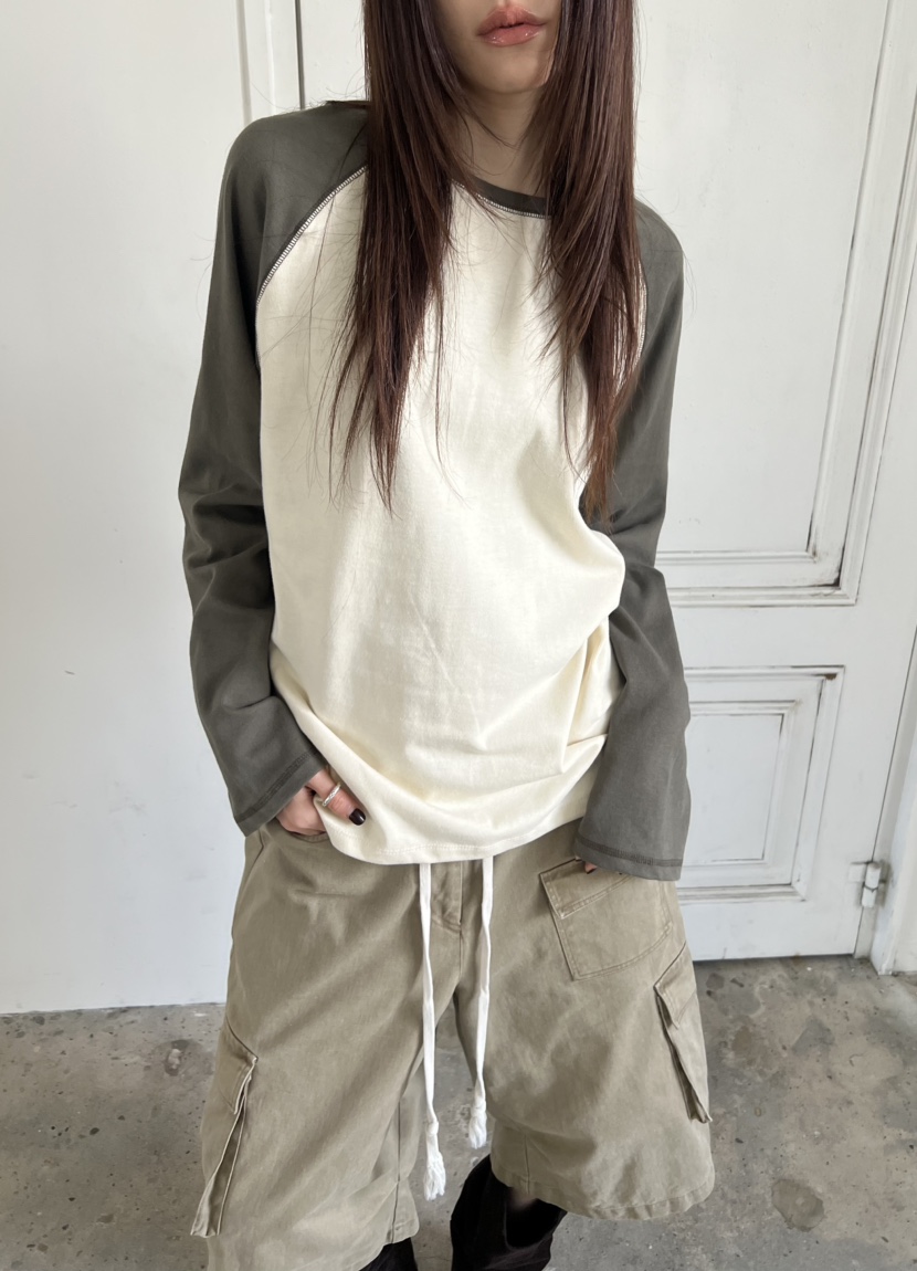 NOVUS韓國直郵女裝新款熱賣人氣真品推薦長袖T恤插肩袖撞色NOVUS長袖T恤