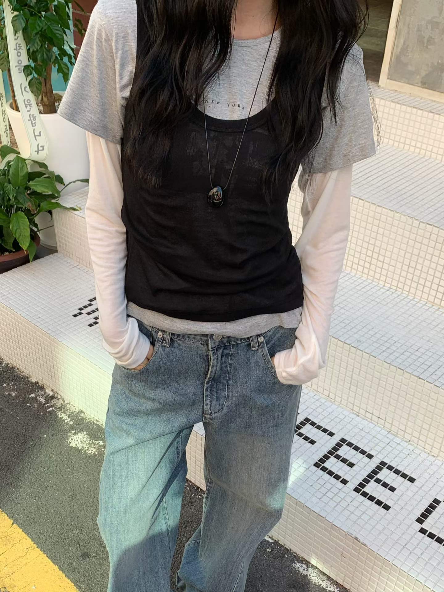 HEBON東大門實拍女士新品熱賣休閑時尚真品推薦套裝假兩件HEBON套裝圖色1