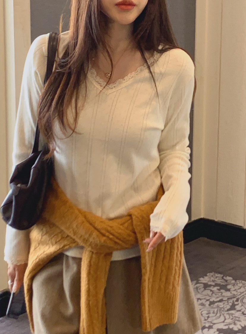 LA CREME韓國直郵女士新品時尚休閑熱賣人氣推薦針織衫V領LA CREME針織衫