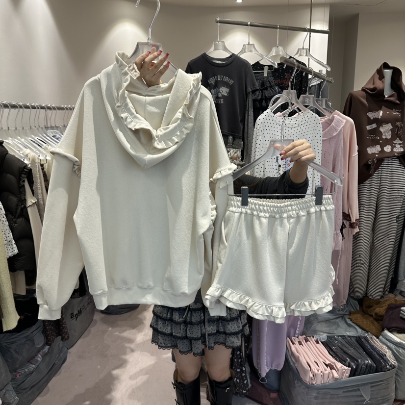 MIMME/LOOKK東大門直郵女裝新款休閑套裝荷葉邊連帽衫緞帶MIMME/LOOKK套裝