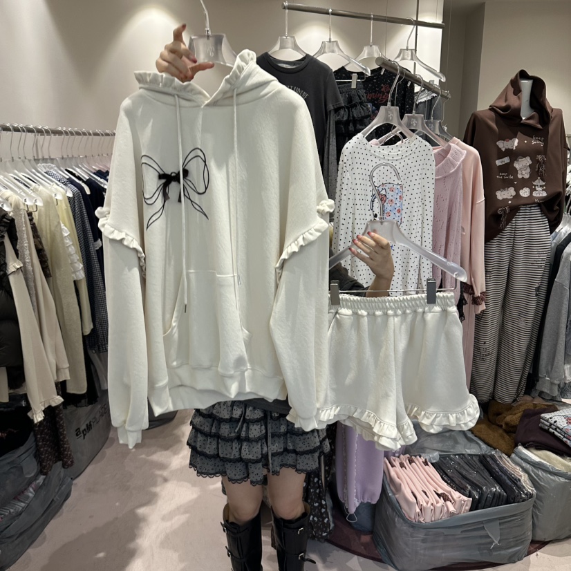 MIMME/LOOKK東大門直郵女裝新款休閑套裝荷葉邊連帽衫緞帶MIMME/LOOKK套裝圖色2