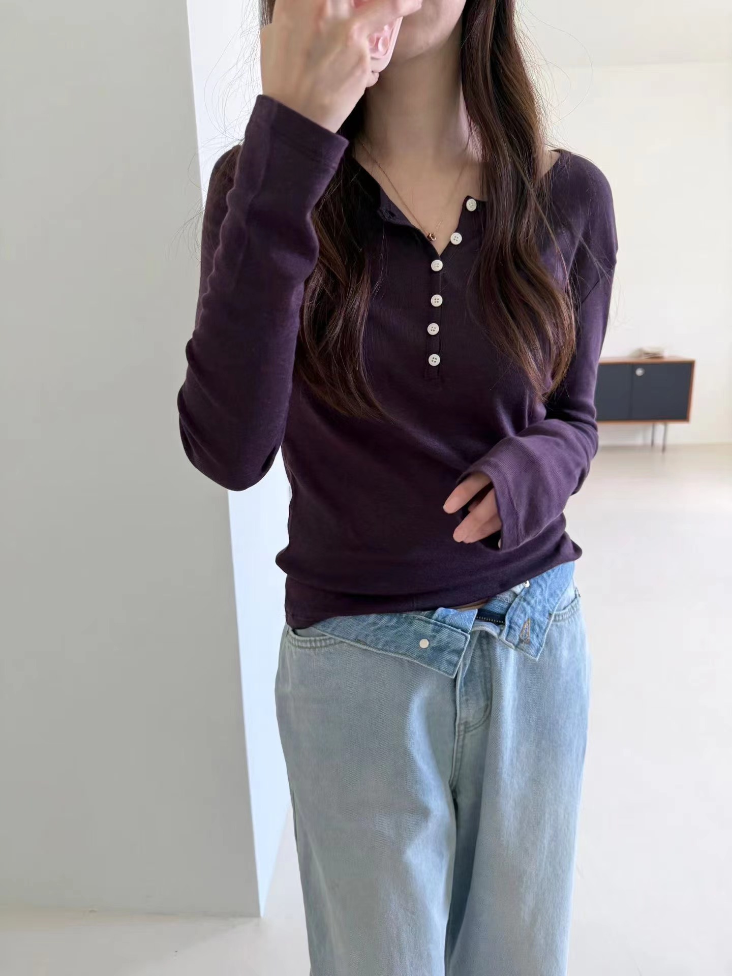 SLEEK-슬릭-OT韓國直郵女裝新品休閑人氣長袖T恤天絲紐扣SLEEK長袖T恤