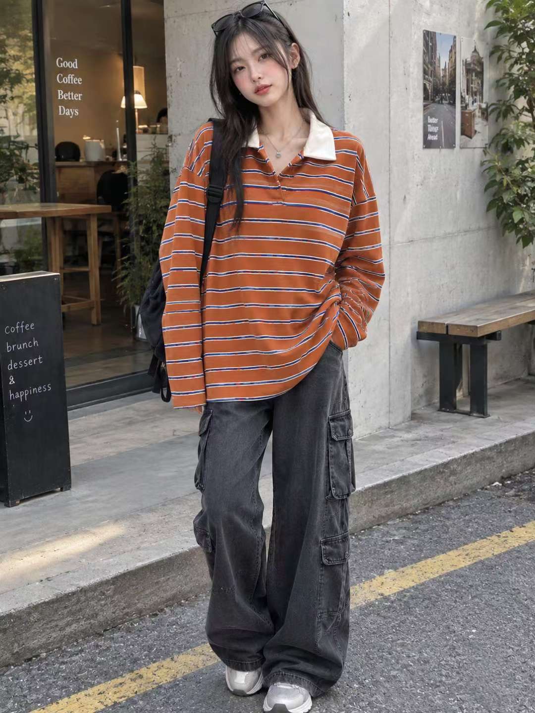 CHOCO CARAMEL韓國代購女士新款熱賣人氣時尚長袖T恤條紋B CLOTHES長袖T恤