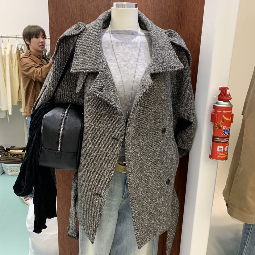 PETOT東大門實拍女裝新款人氣休閑真品時尚短款大衣含腰帶PETOT短款大衣圖色2墨