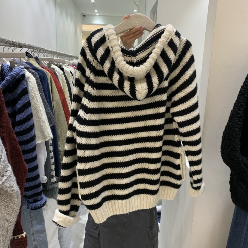 ASOME韓國直郵女裝新品推薦時尚人氣毛衣不含內搭連帽衫條紋A.SOME毛衣