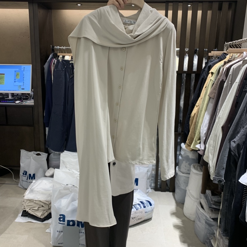 RAWROW東大門代購女士新款休閑時尚推薦人氣長袖T恤圍巾紐扣RAWROW長袖T恤圖色1