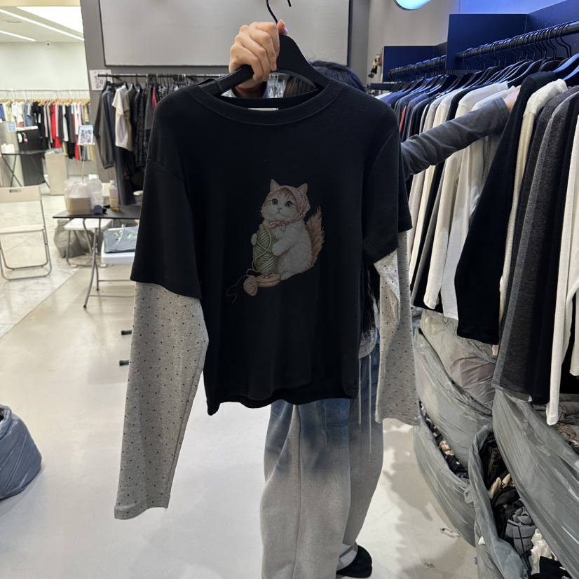 CREDITO東大門實拍女裝新款時尚休閑真品人氣長袖T恤假兩件CREDITO長袖T恤圖色2