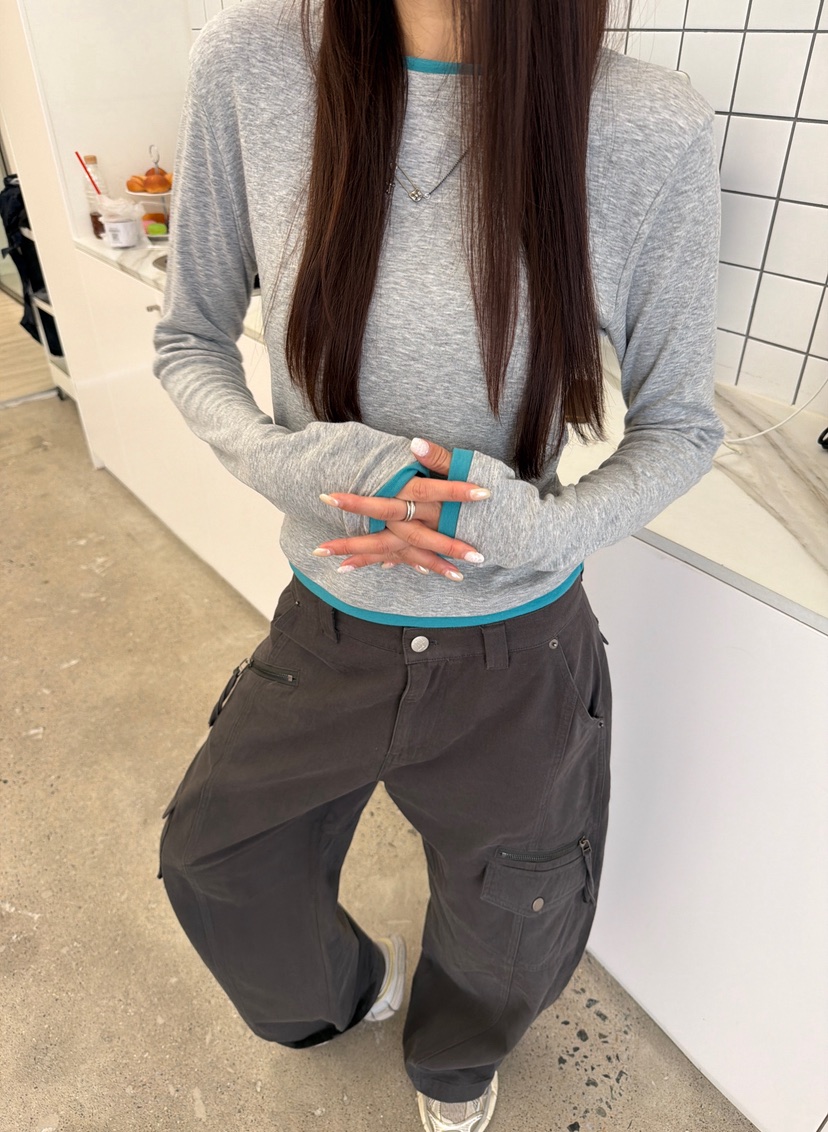 LUMIPLE韓國代購女士新款時尚熱賣人氣真品推薦長袖T恤撞色LUMIPLE長袖T恤