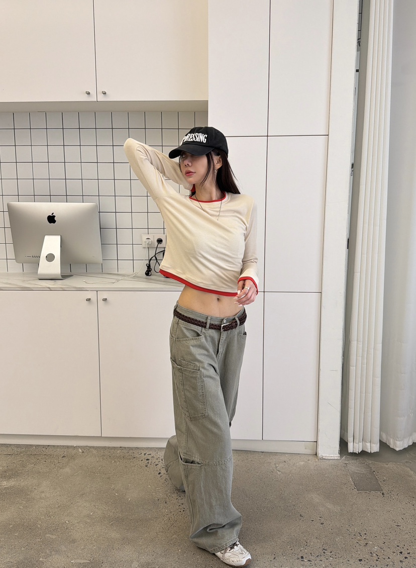LUMIPLE韓國代購女士新款時尚熱賣人氣真品推薦長袖T恤撞色LUMIPLE長袖T恤