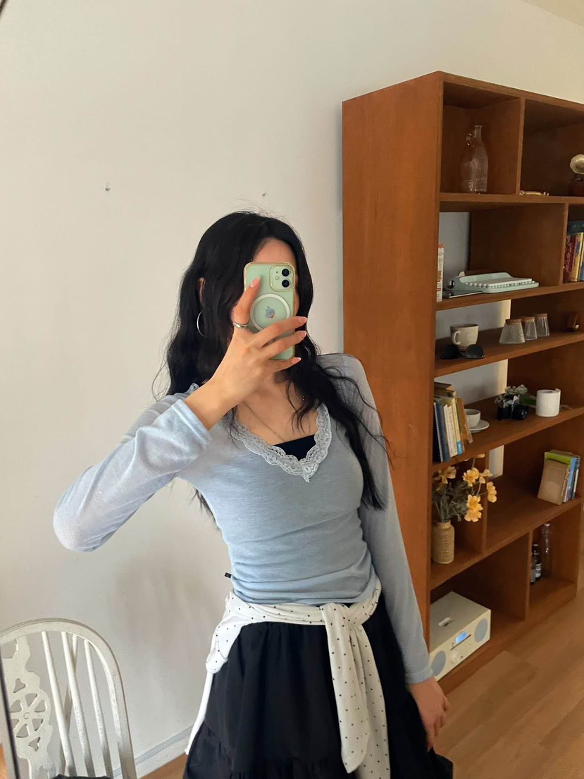 UNDERSTAR_VINTAGE韓國代購女士新款推薦真品長袖T恤蕾絲UNDERSTAR_VINTAGE長袖T恤圖色3藍