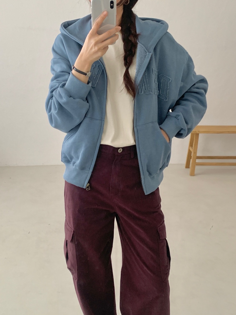 WOOD韓國直郵女士新品推薦時尚人氣休閑衛衣拉鏈連帽衫抓絨WOOD-2件起衛衣