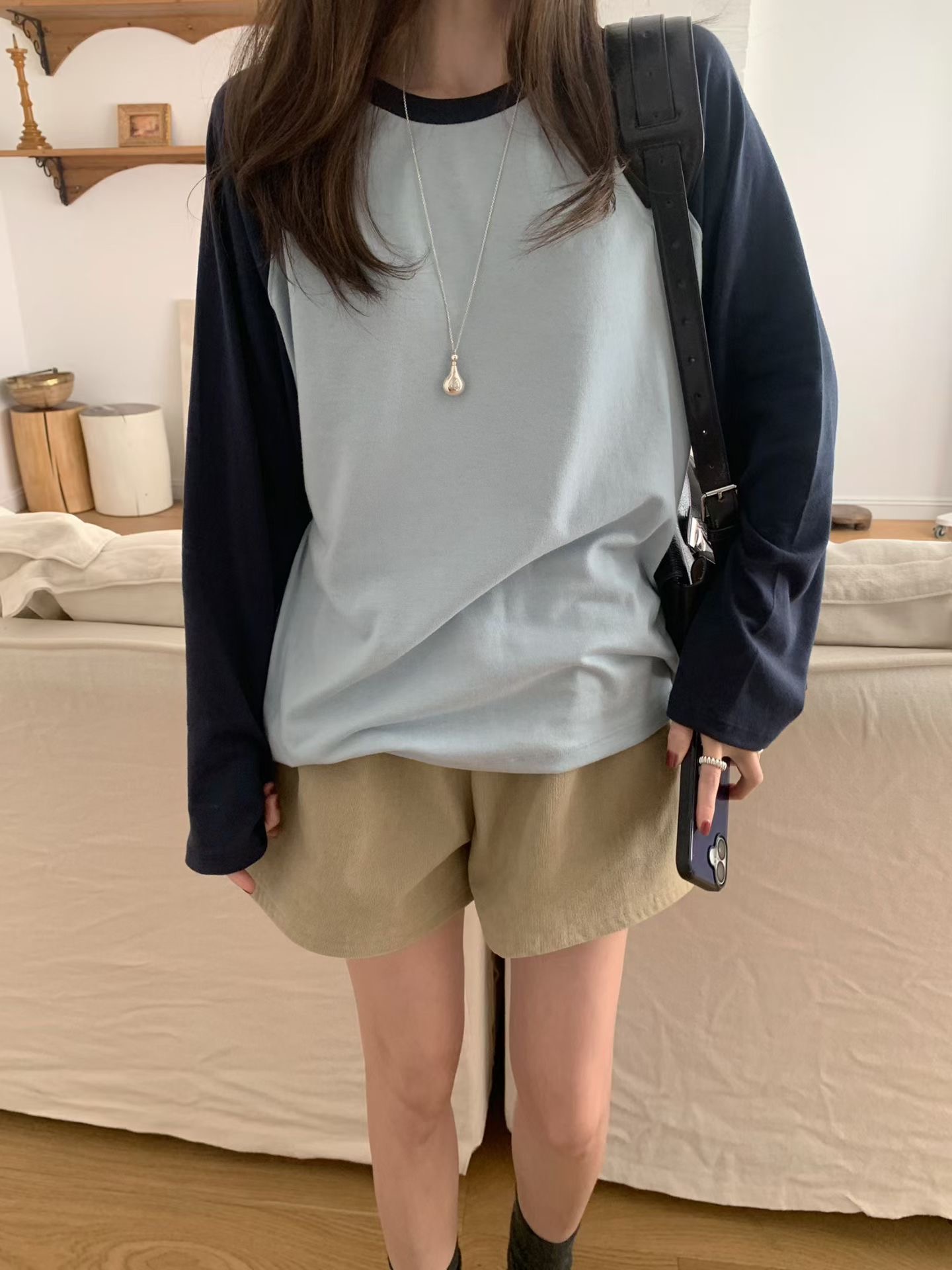 MELLOUNGE-멜라운지-T東大門直郵女士新品真品長袖T恤插肩撞色MELLOUNGE-2件起長袖T恤圖色1