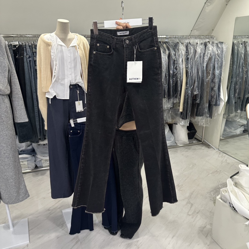 AUTHENTIBY東大門代購女士新品人氣休閑牛仔褲喇叭褲修身AUTHENTIBY牛仔褲圖色2黑色