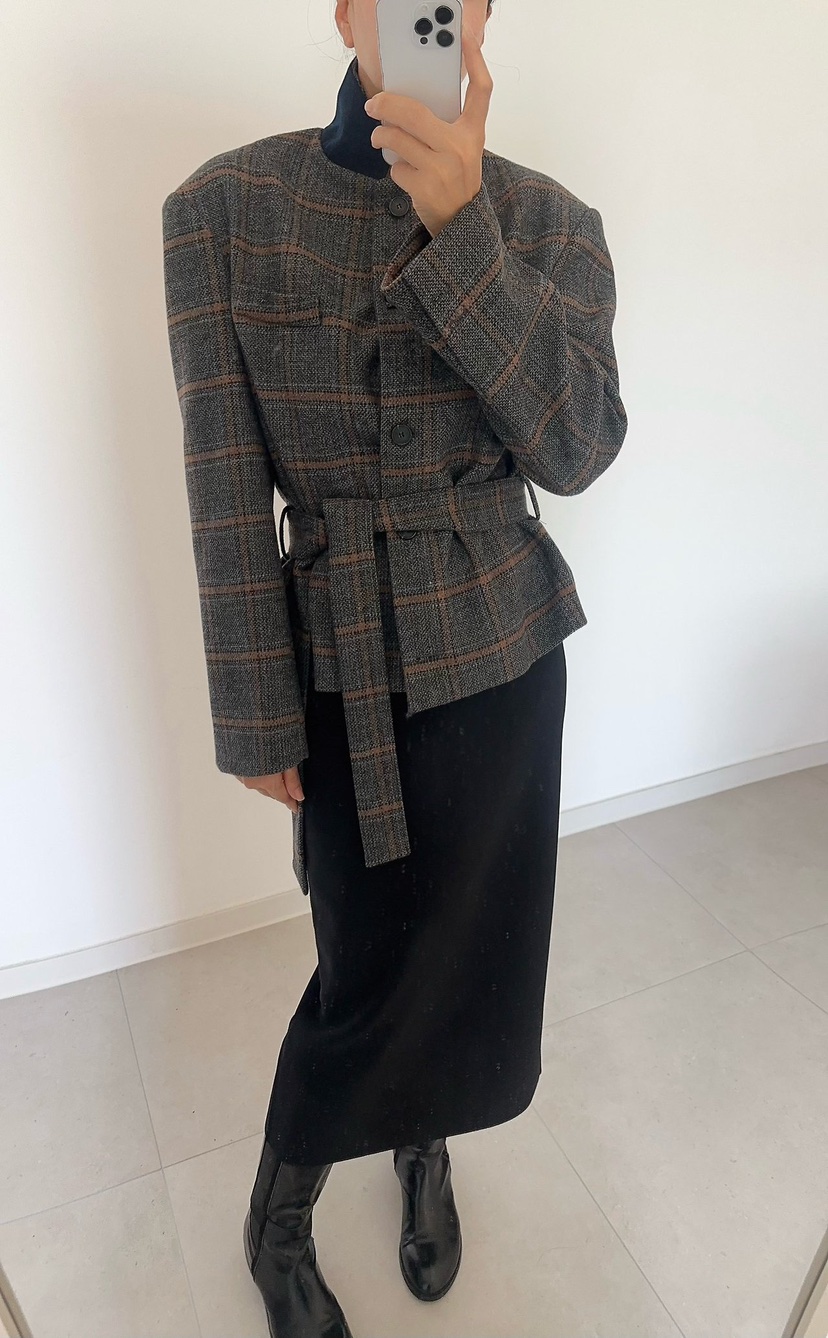 SOUIT東大門直郵女裝新品熱賣推薦休閑人氣夾克含腰帶格紋SOUIT by mabel夾克