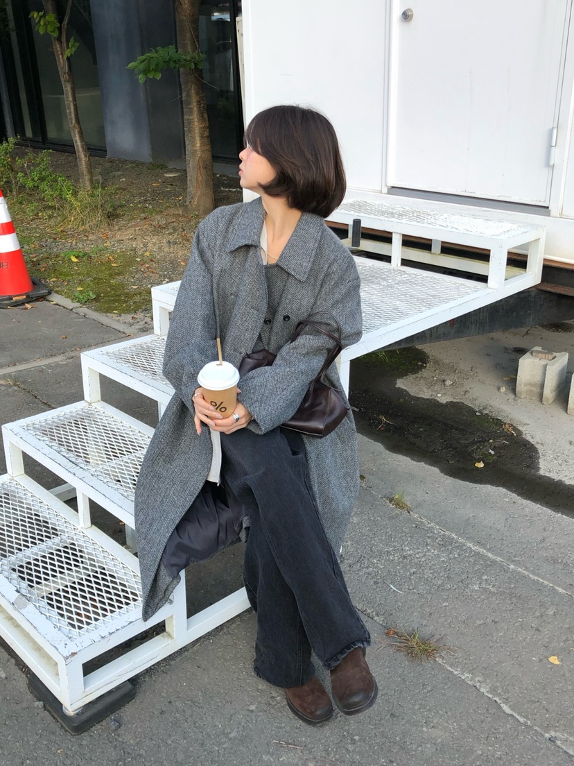 ERUME東大門實拍女士新品熱賣人氣休閑時尚中長款大衣人字紋ERUME中長款大衣