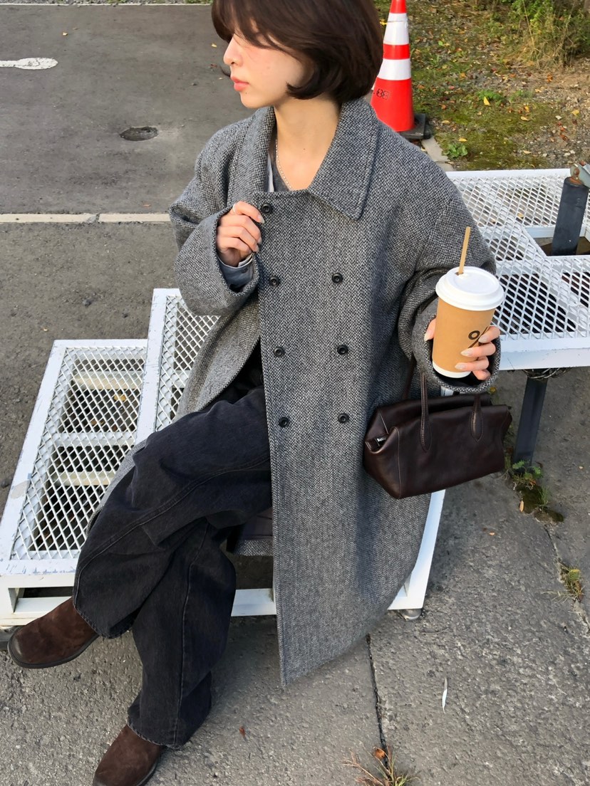 ERUME東大門實拍女士新品熱賣人氣休閑時尚中長款大衣人字紋ERUME中長款大衣