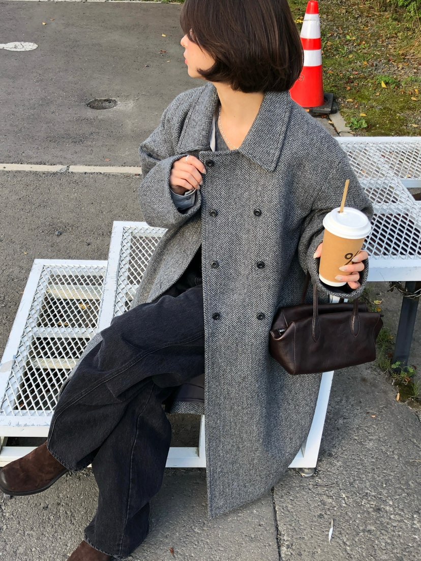 ERUME東大門實拍女士新品熱賣人氣休閑時尚中長款大衣人字紋ERUME中長款大衣