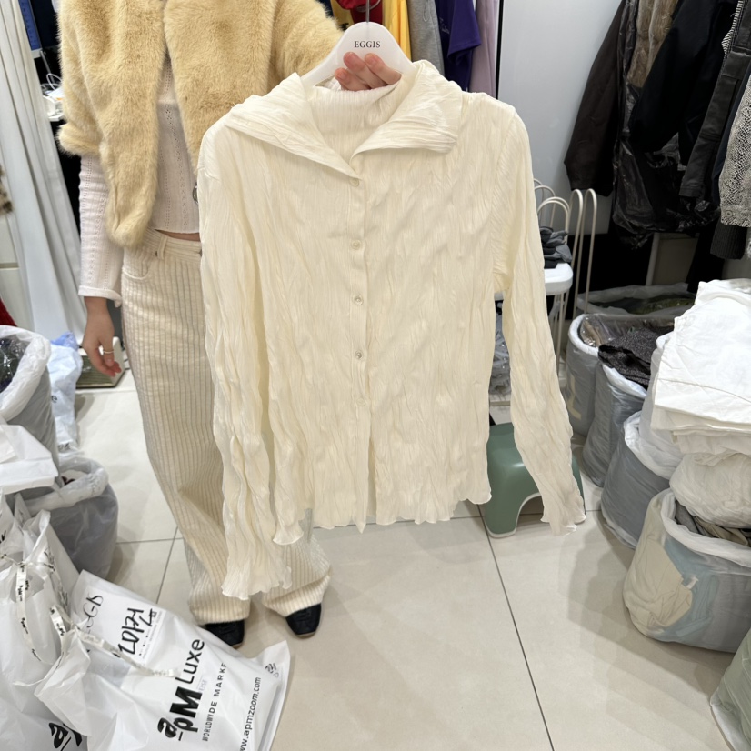 EGG IS東大門實拍女裝新品時尚熱賣推薦襯衫蕾絲衫高領褶裥EGG IS襯衫/蕾絲衫圖色1