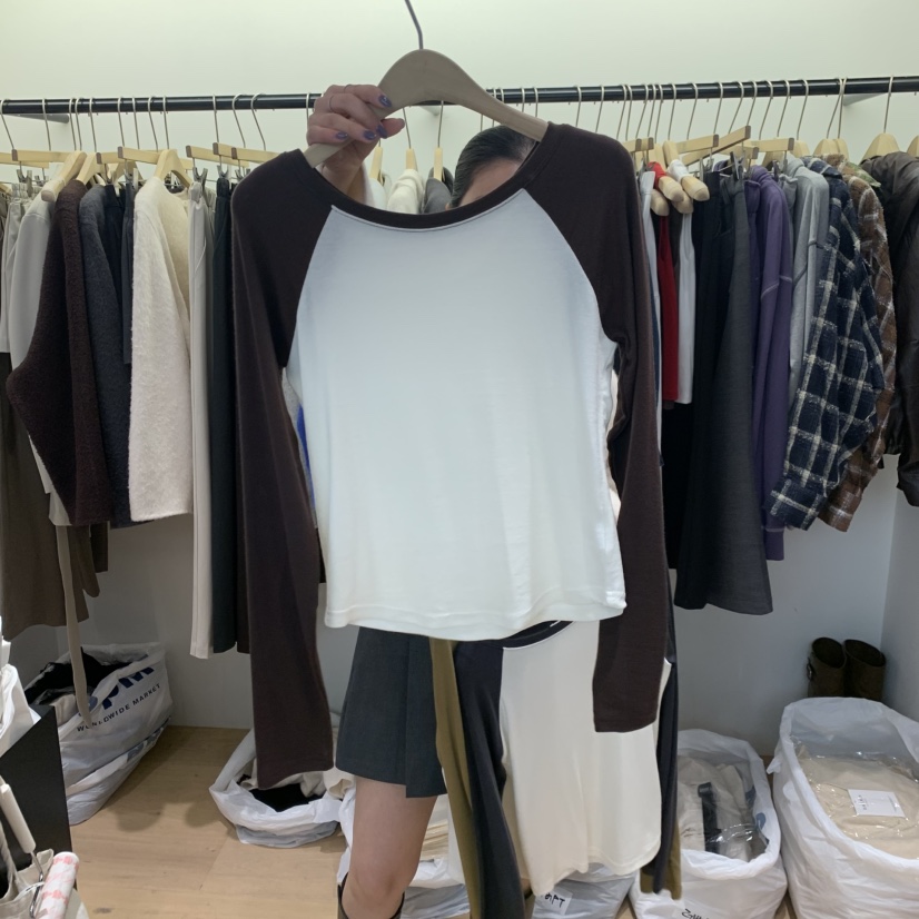 W AND J東大門代購女士新款時尚休閑人氣長袖T恤插肩袖WANDJ長袖T恤圖色3棕色