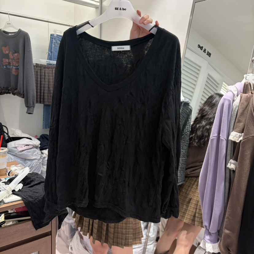 BE&amp;BE東大門代購女士新品人氣熱賣推薦休閑長袖T恤V領BE&be長袖T恤圖色1