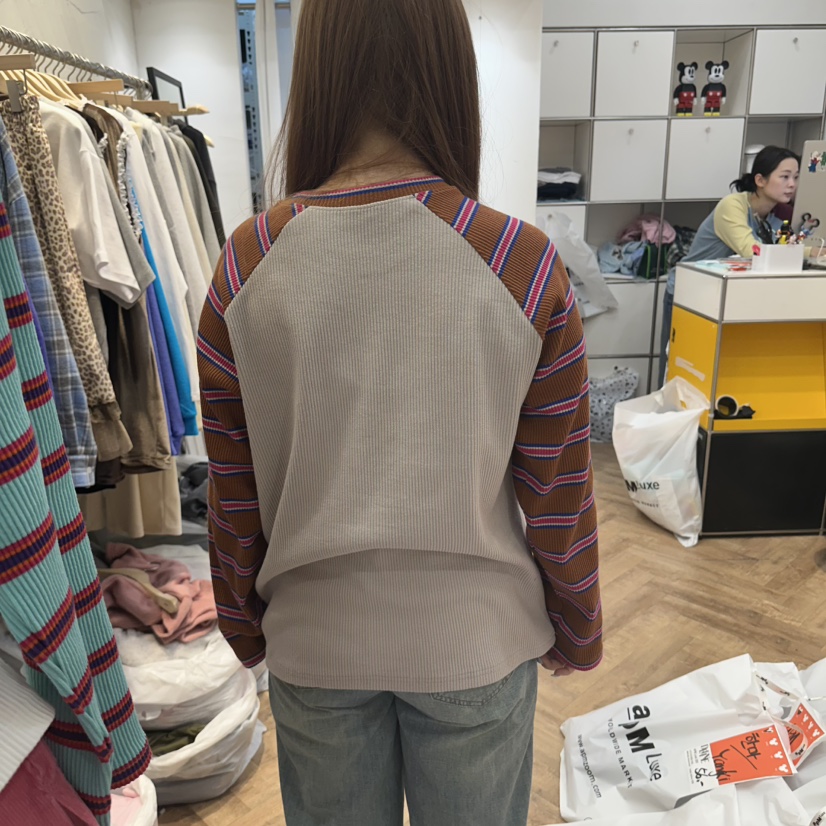 DE LINE東大門直郵女士新品時尚熱賣真品長袖T恤插肩袖條紋DE LINE長袖T恤