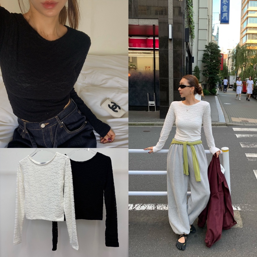REVE CITE-L東大門實拍女士新品真品推薦長袖T恤抓絨蕾絲REVE CITE-L長袖T恤
