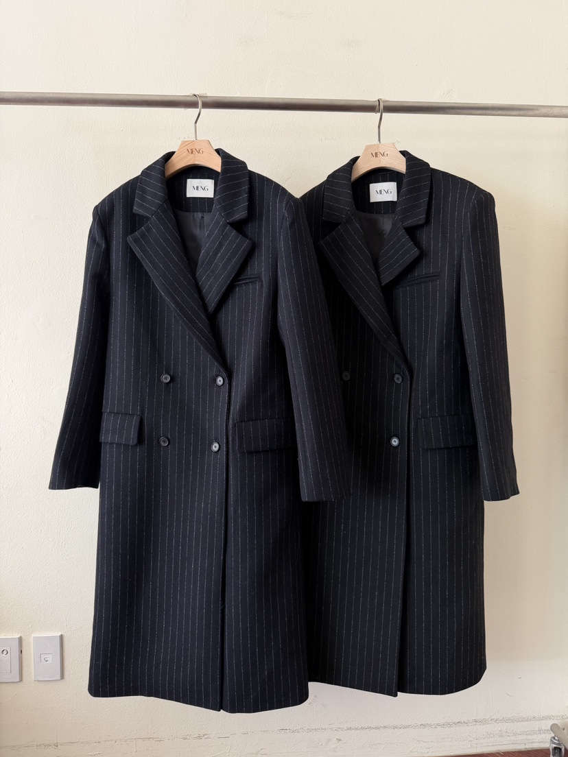 MENG/MING韓國代購女士新款熱賣時尚人氣中長款大衣條紋MENG/MING中長款大衣