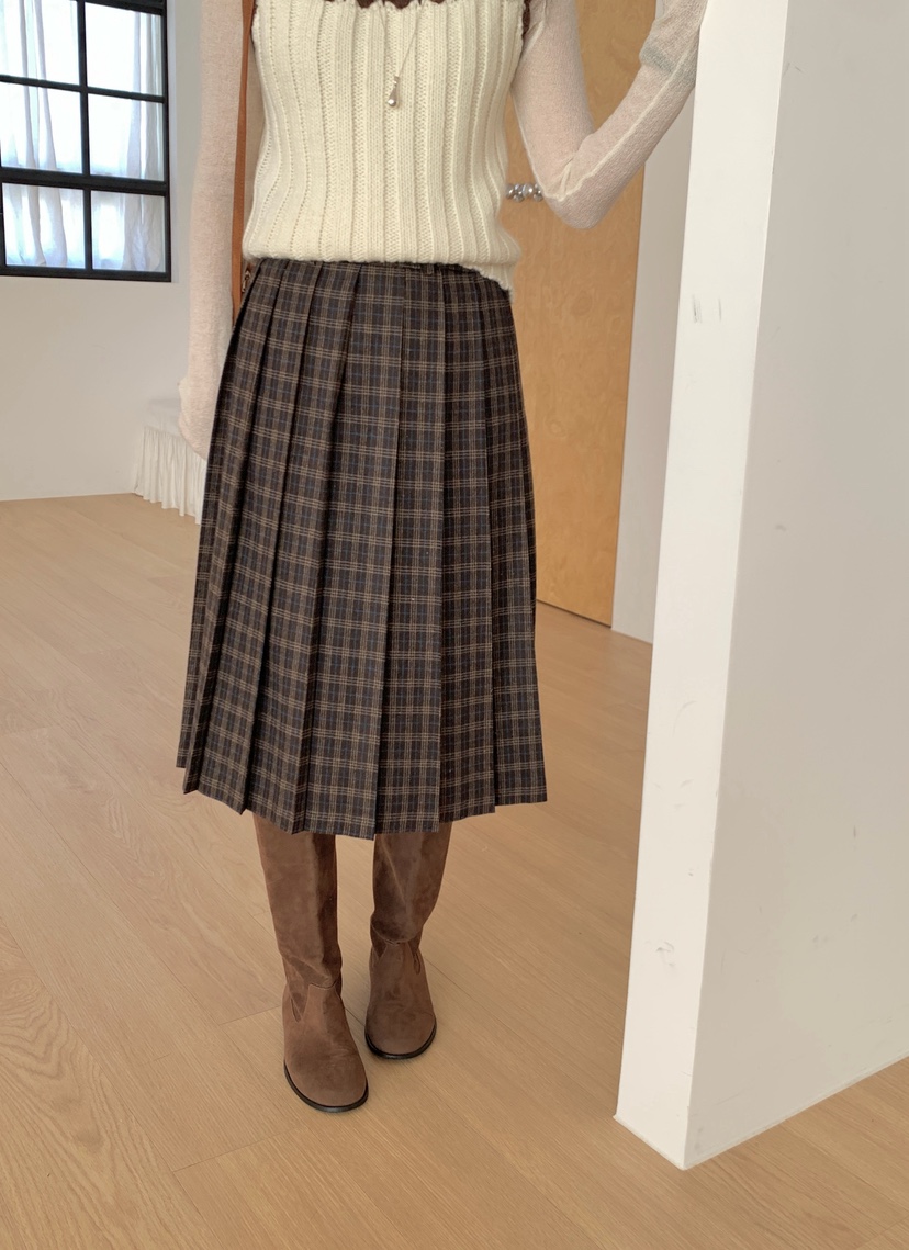 BIEN GARDER東大門實拍女裝新款熱賣推薦休閑長裙格子褶裥BIEN GARDER長裙